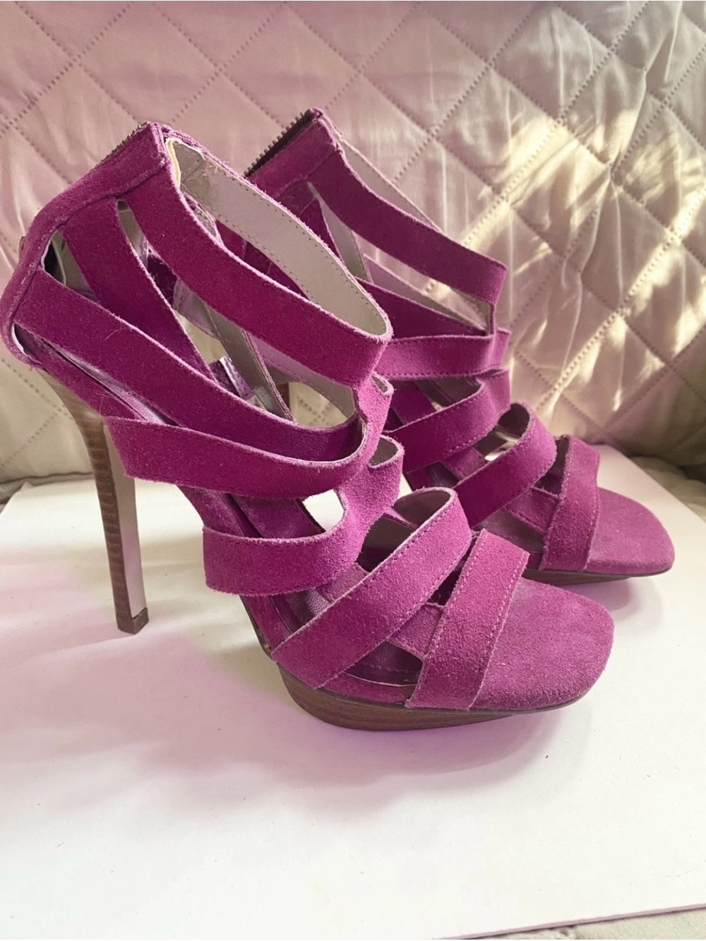 BCBGeneration Magenta Suede Multi-Strap Stiletto Heels, Never Worn